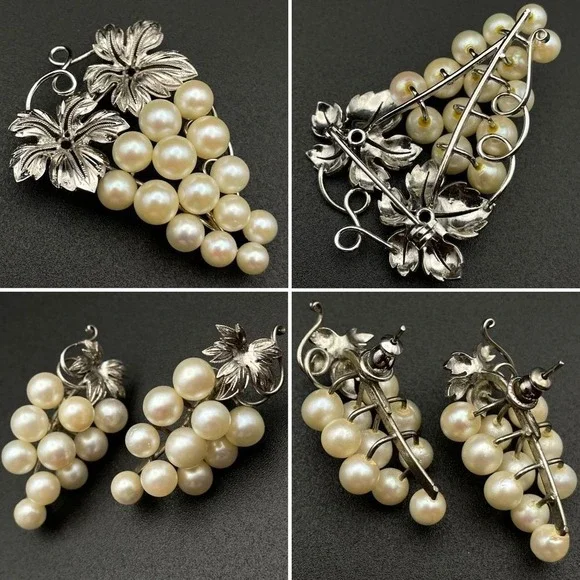 Vintage Silver Demi Parure Japan Akoya Pearl Grape Cluster Brooch Earrings Ring - Picture 4 of 7